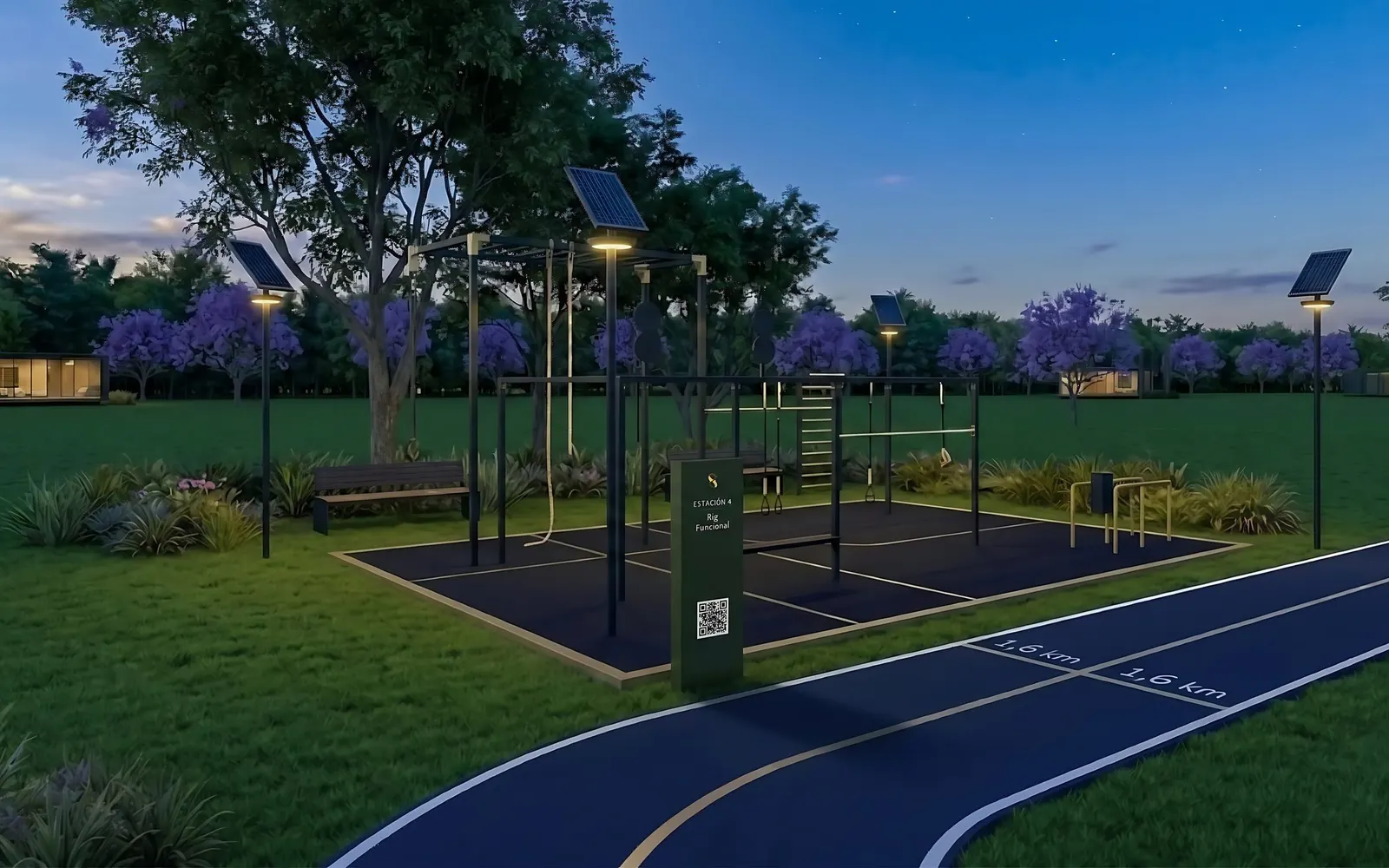 Estación de entrenamiento del circuito aeróbico Sovrana Loop, con iluminación solar