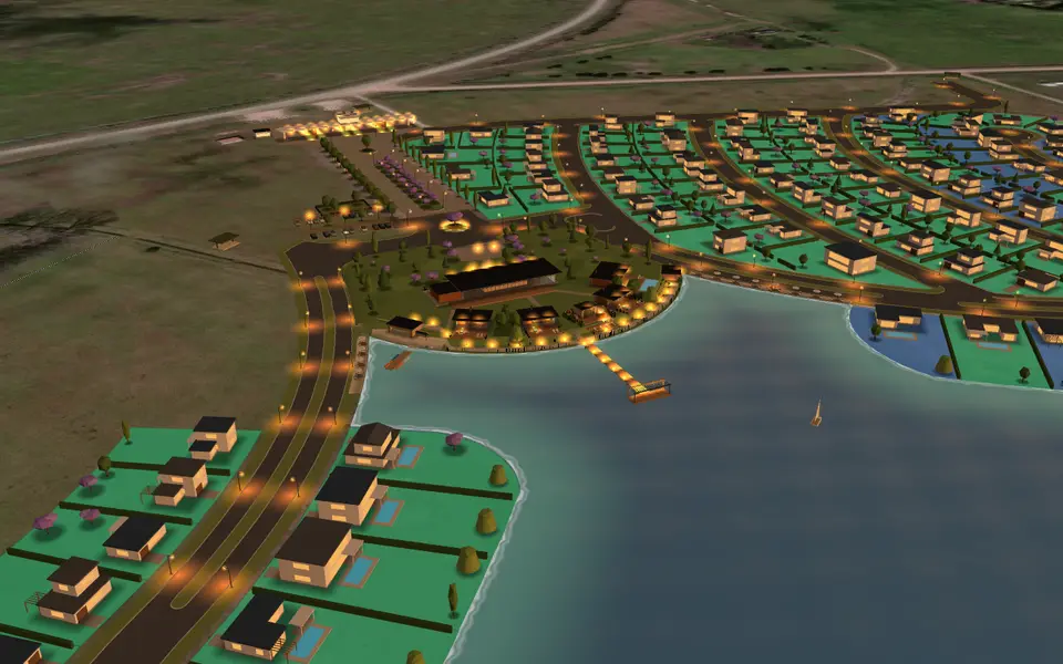 Recorrido 3D guiado por SOVRANA: vista aérea del barrio al atardecer