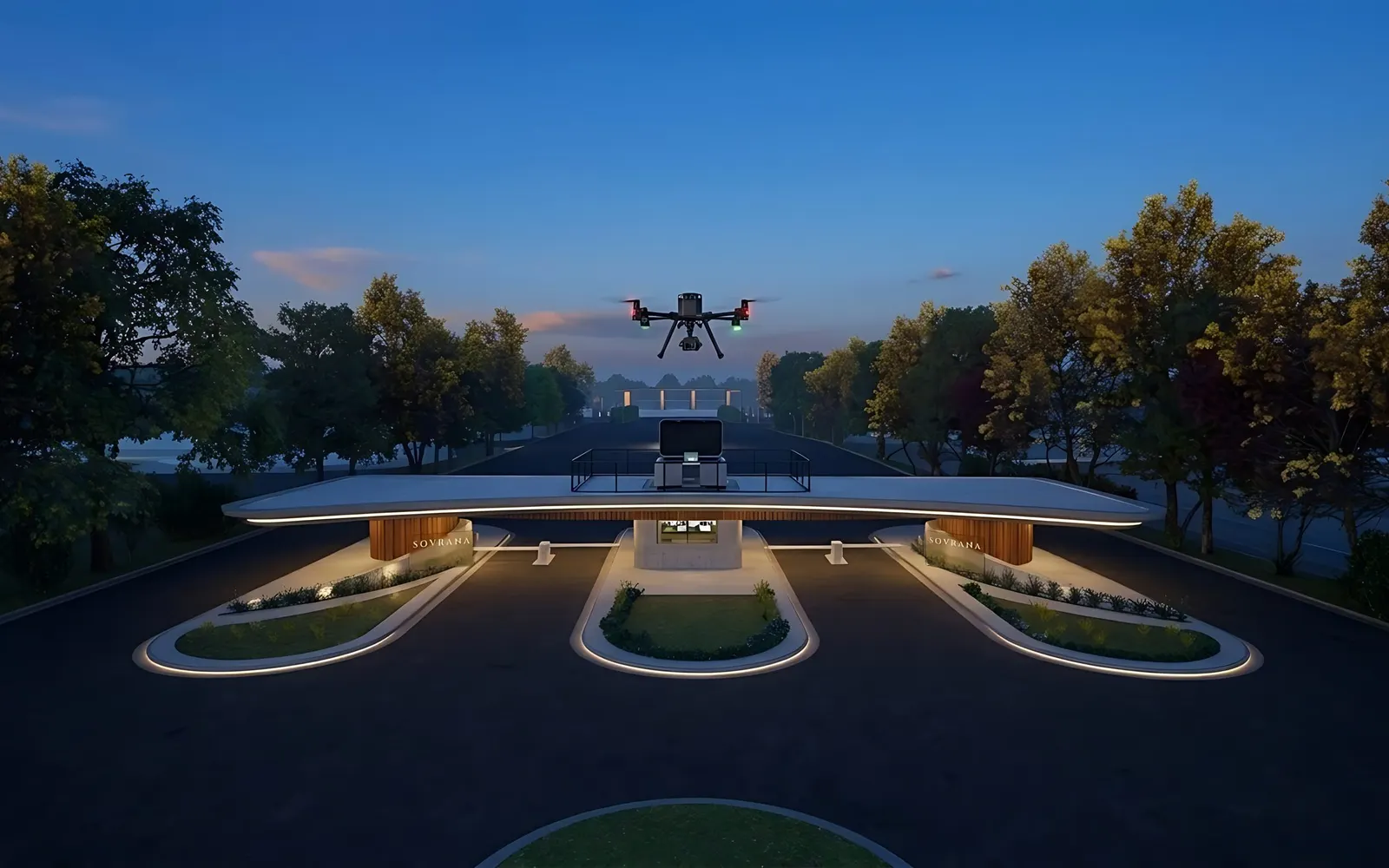 Dron de Sovrana Shield sobre el acceso del barrio, al atardecer
